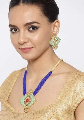 Gold-Plated Stone Studded And Pearls Beaded Enamelled Necklace And Earring