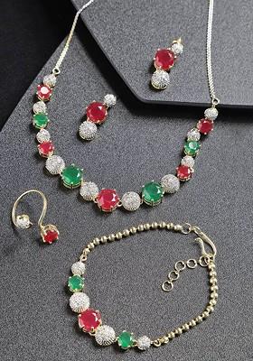Gold-Plated Green And Pink Stone-Studded Necklace With Earring; Bracelete And Ring