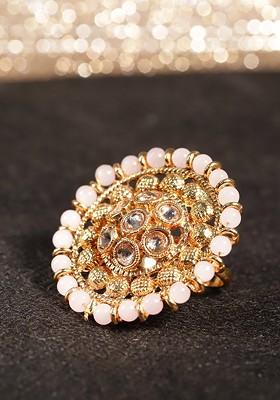 Gold-Plated And Pink Artificial Stones and Beads -Studded Adjustable Finger Ring