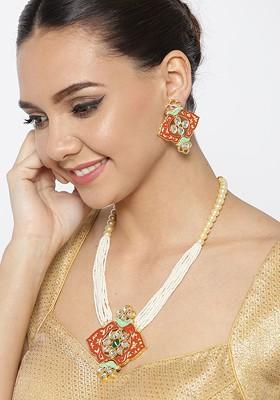 Gold-Plated And Red Stone Studded And Beaded Enamelled Necklace And Earrings
