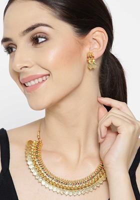 Gold-Plated And Pink Stone Studded Temple Necklace And Earrings
