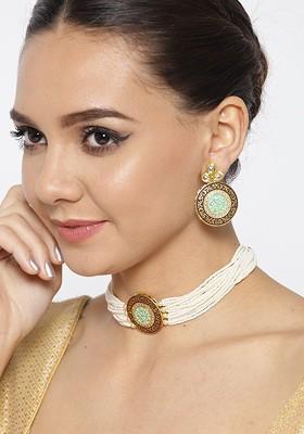 Gold-Plated And Green Beaded Enamelled Necklace And Earrings