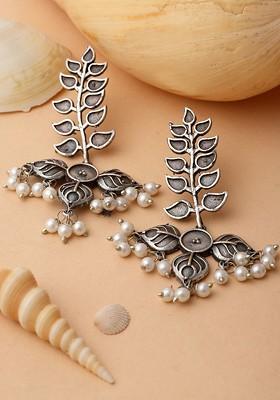 Silver Plated Pearls Oxidised Leaf Shaped Drop Earrings