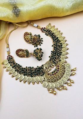 Gold Plated And Green Stone Studded And Beaded Temple Necklace Set