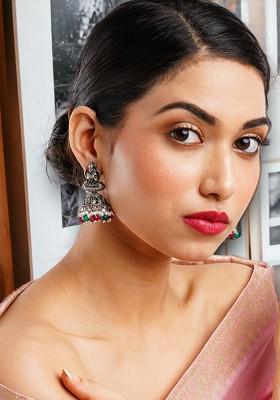 Silver-Plated And Green Artificial Stones And Beads Contemporary Jhumkas Earrings