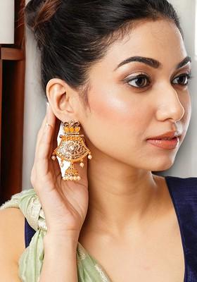 Gold-Plated And White Artificial Stones And Beads Teardrop Shaped Drop Earrings