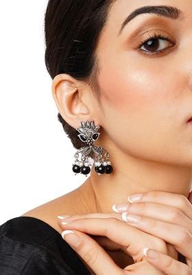 Silver-Plated And Black Artificial Stones And Beads Contemporary Drop Earrings