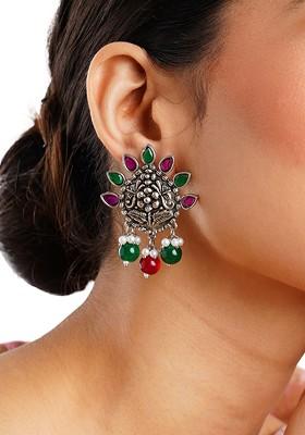 Green And Pink Silver-Plated Stones And Beads Studded Drop Earrings