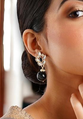 Gold-Plated And Black Artificial Stones And Beads Contemporary Drop Earrings