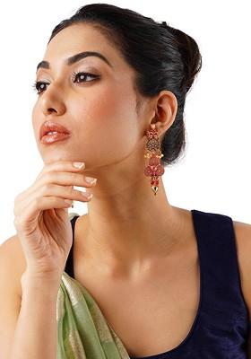 Gold-Plated Stone Studded And Beaded Classic Drop Earrings