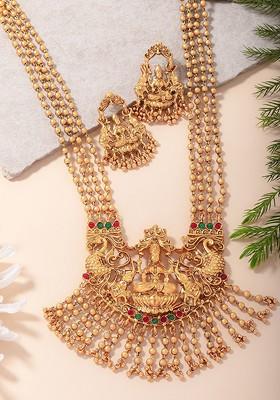 Gold Plated Stones Studded And Beaded Temple Jewellery Set