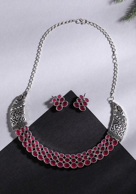 Silver Plated Stones Studded Jewellery Set