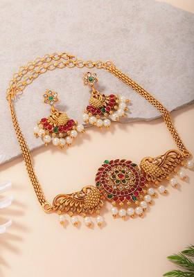 Gold Plated Stones Studded And Beaded Peacock Shaped Jewellery Set