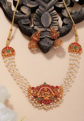 Gold Plated Stones Studded And Beaded Necklace And Earrings