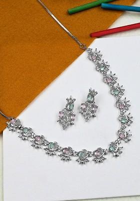 Silver Plated Ad Studded And Beaded Necklace And Earrings