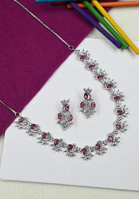 Silver Plated Ad Studded Brass Necklace And Earrings