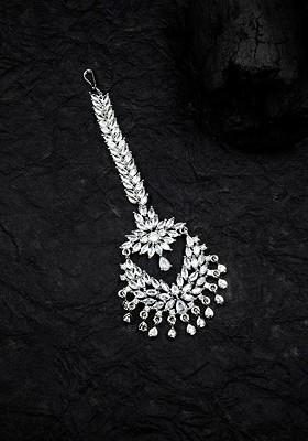 Silver Plated White Ad Stone Studded Maang Tikka