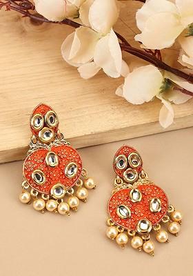 Gold Plated Contemporary Kundan Studded And Beaded Drop Earrings