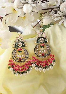 Gold Plated Contemporary Kundan Studded And Beaded Drop Earrings