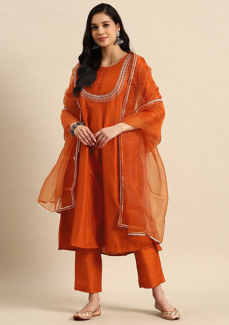 Buy Women Ethnic Motifs Embroidered Mirror Work Silk Crepe