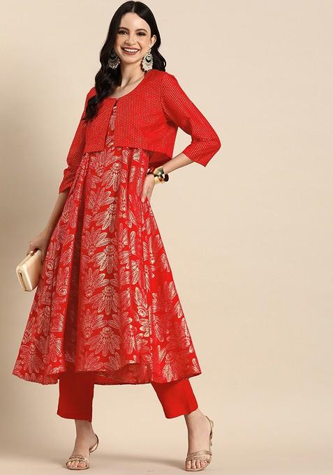 Ethnic Motifs Printed Regular A-Line Kurta With Trousers Comes With A Jacket