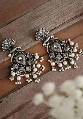 Silver Plated Contemporary Stone Studded And Beaded Drop Earrings
