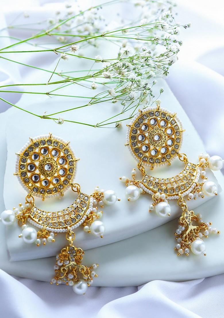 Gold Plated Classic Kundan And Pearl Studded Drop Earrings - Indya