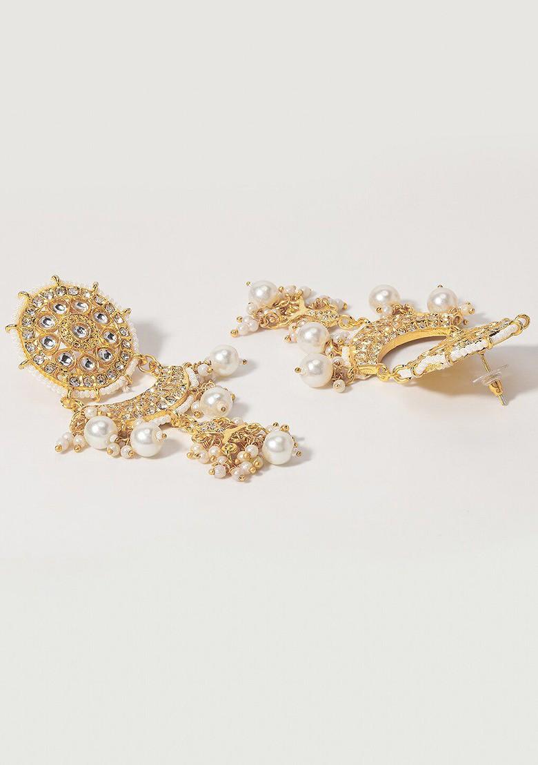 Gold Plated Classic Kundan And Pearl Studded Drop Earrings - Indya