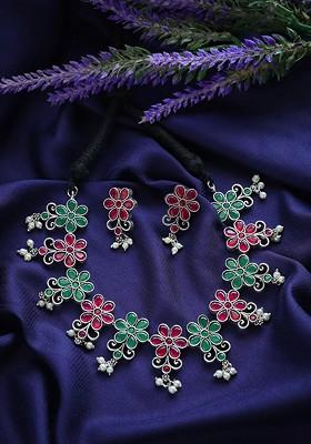 Silver Plated Artificial Stone Studded Jewellery Set