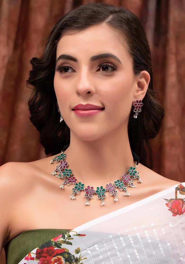 Silver Plated Artificial Stone Studded Jewellery Set