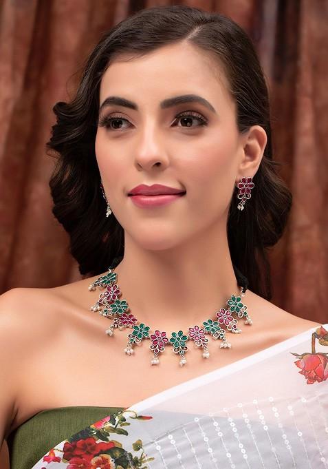 Silver Plated Artificial Stone Studded Jewellery Set