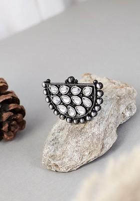 Silver Plated And Crystal Stone Studded Adjustable Ring