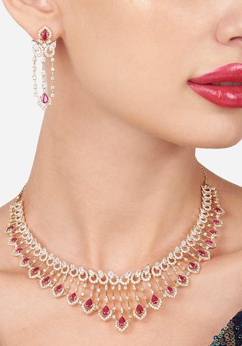 Rose Gold - Plated Cz Studded Contemporary Drop Earrings