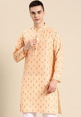 Peach Floral Printed Mandarin Collar Silk Cotton Kurta