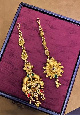 Set Of 2 Gold Plated Stone Studded And Floral Shaped Maangtikkas
