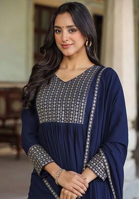 Navy Blue Ethnic Motifs Embroidered Sequined Anarkali Kurta And Trousers With Dupatta