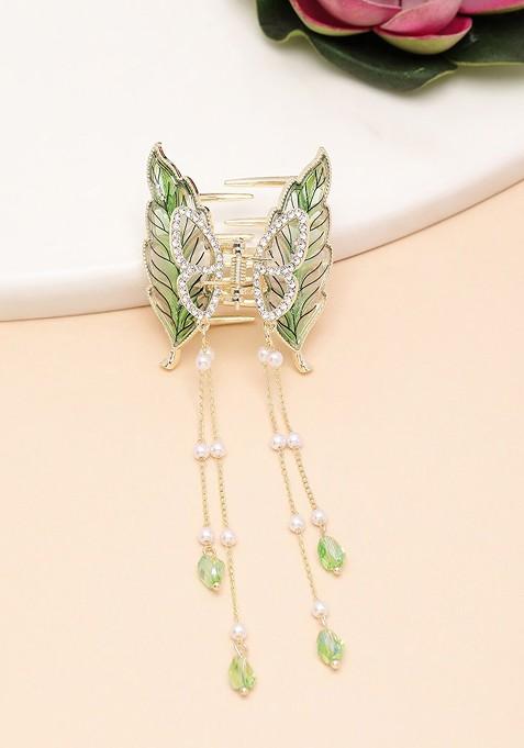 Gold Plated CZ Stone Studded Leaf Shaped Claw Clip