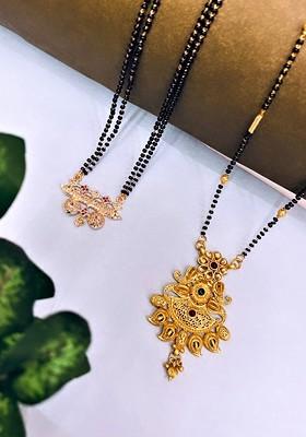 Set Of 2 Gold Plated American Diamond Studded And Beaded Mangalsutras