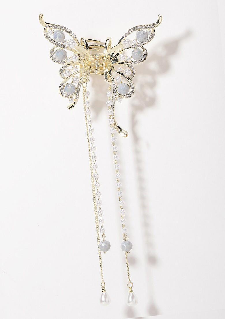 Gold Plated CZ Stone Studded Butterfly Shaped Claw Clip - Indya