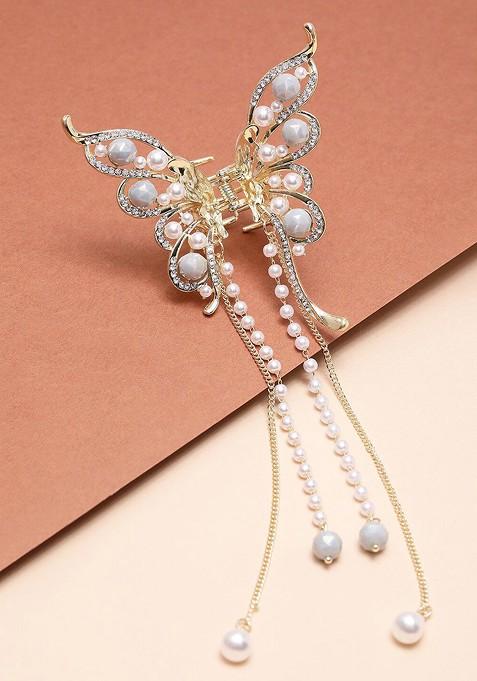 Gold Plated CZ Stone Studded Butterfly Shaped Claw Clip