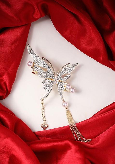 Gold Plated CZ Stone Studded Butterfly Shaped French Barrette