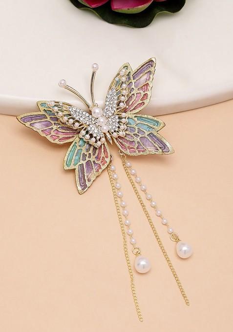 Gold Plated CZ Stone Studded Butterfly Aligator Clip