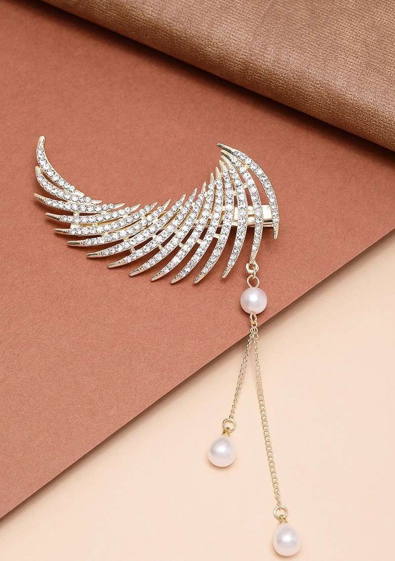 Gold Plated Cubic Zirconia Studded Embellished Alligator Hair Clip - Indya
