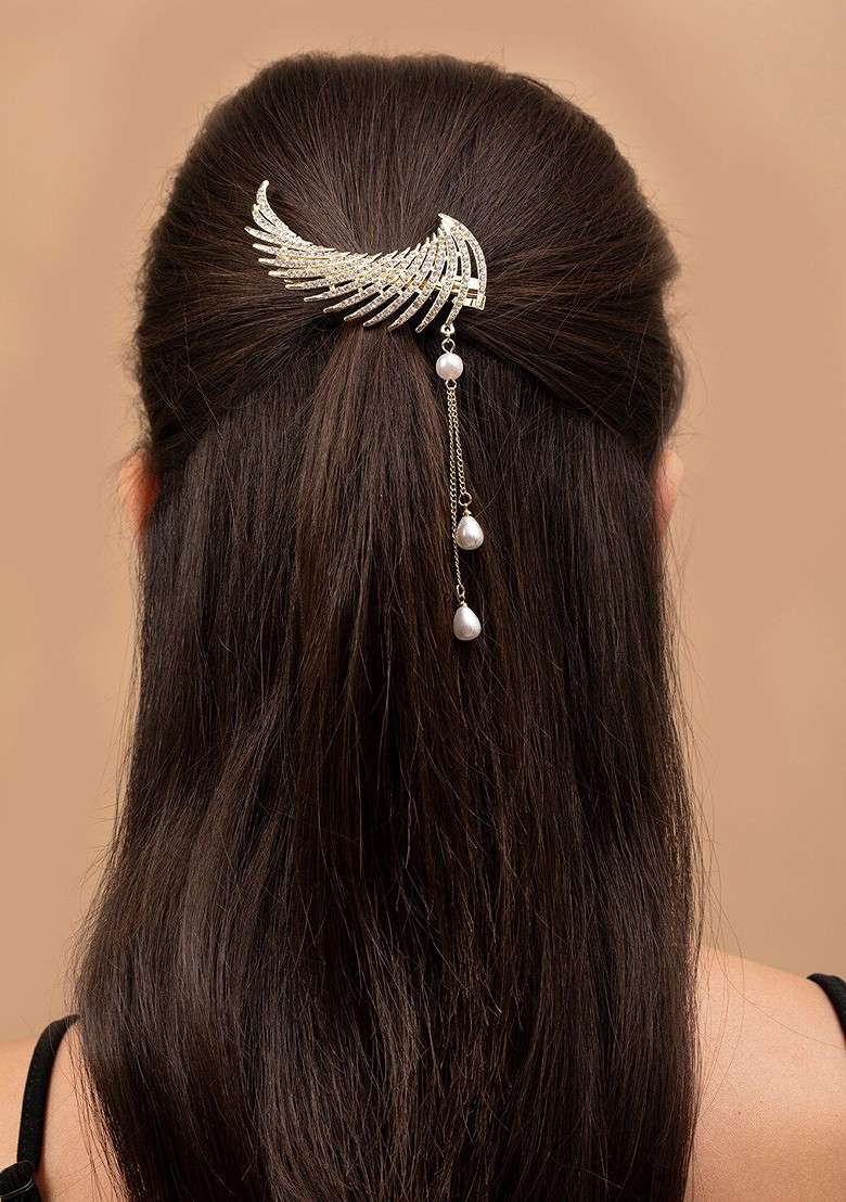 Gold Plated Cubic Zirconia Studded Embellished Alligator Hair Clip - Indya