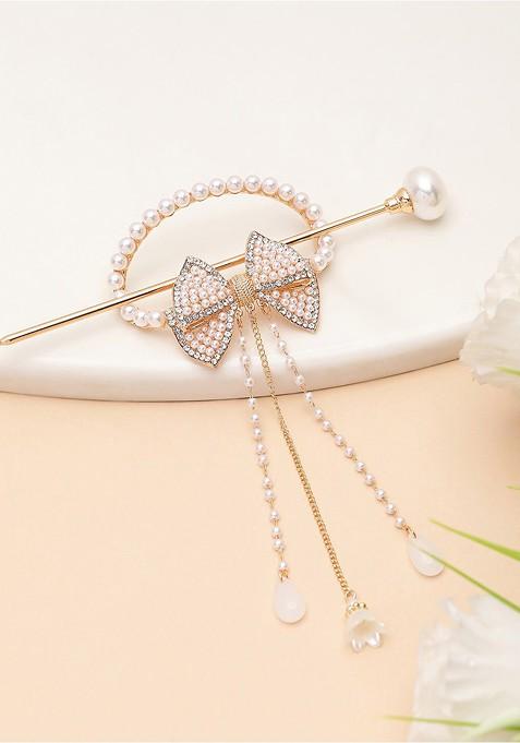 Women Gold Plated Pearl Studded Bow Shaped Hairstick