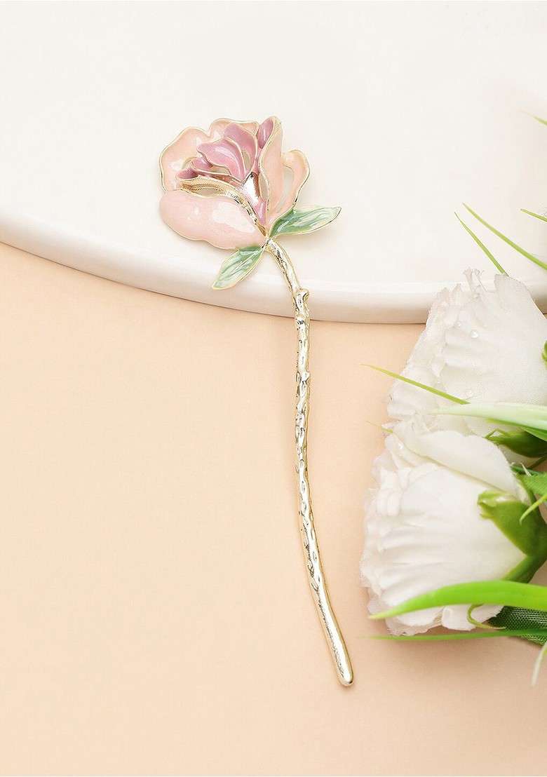 Women Gold Plated Rose Shaped Hairstick - Indya