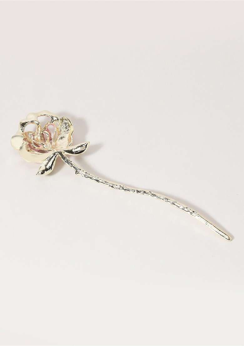 Women Gold Plated Rose Shaped Hairstick - Indya