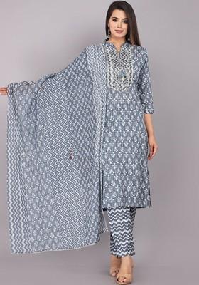 Floral Printed Mirror Work Detail Pure Cotton Kurta With Trousers And Dupatta