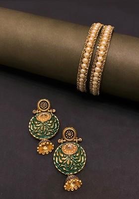 Set of 3 Gold Plated And Floral Shaped Pearl Stone Studded Jhumkas And Bangles