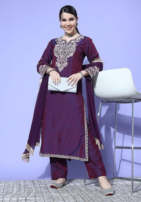 Women Navy Blue & Green Ethnic Motifs Printed Regular Kurta with Trousers & Dupatta main image 1